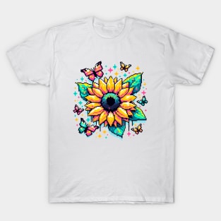Digital Sunflower Art - Pixelated Nature and Butterfly Design T-Shirt